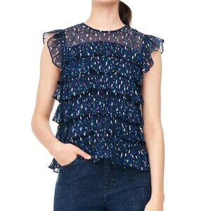 EUC Rebecca Taylor Silk Sleeveless Metallic Dot Ruffle Blouse Top Blue Size 0